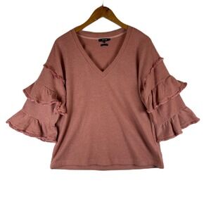 Miss Me Women's Medium Pink Ruffle Sleeve V-Neck Top Blouse Casual